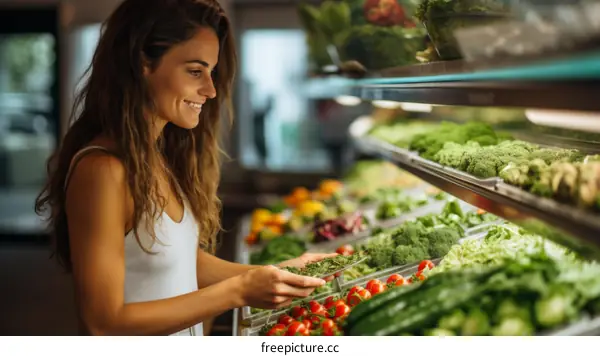 Happy female customer buying organic vegetables in supermarket