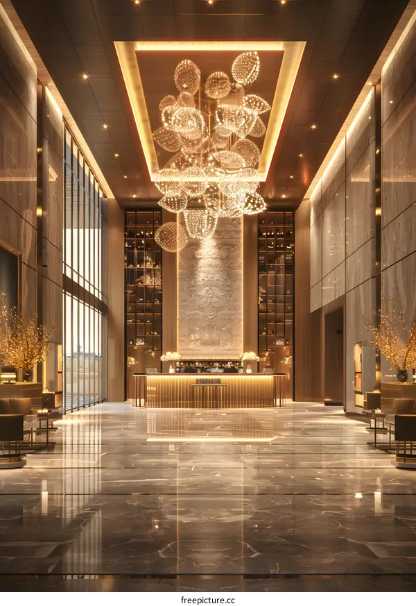 Luxury Hotel Lobby Interior Design with Gold Chandelier and Marble Floor