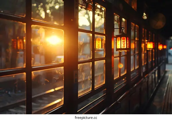 The warm sunlight shines through the window