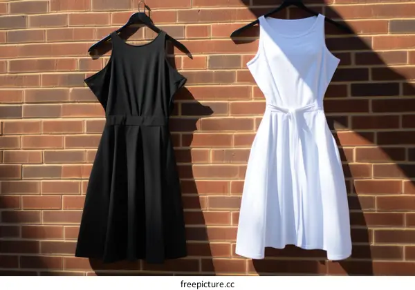 Two simple sleeveless dresses hanging on brick wall