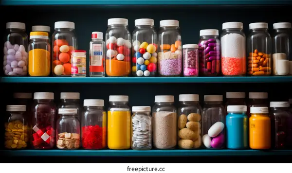 An illustration of a variety of pills and capsules in glass jars on shelves.