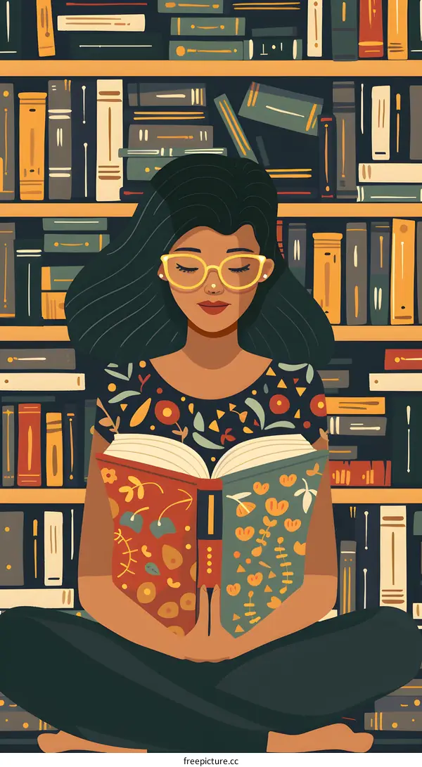 Woman Reading a Book in a Library Illustration