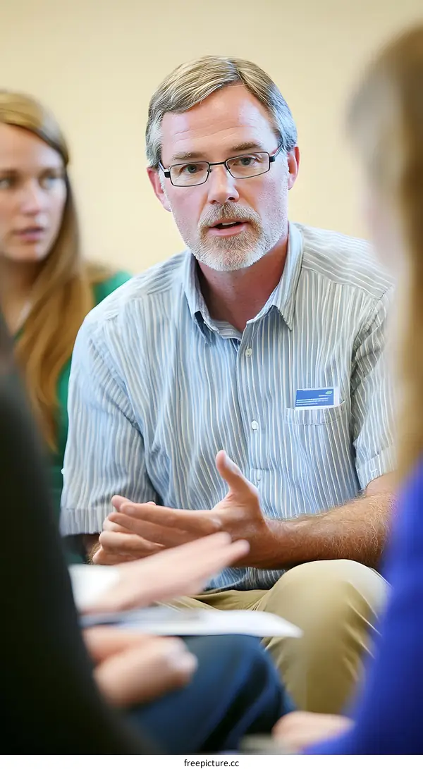 Man with Glasses Speaking to a Group of People in a Casual Setting