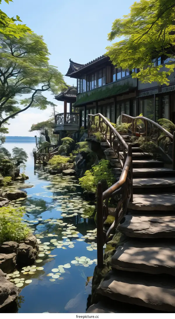 oriental lake house with stone path and lily pond