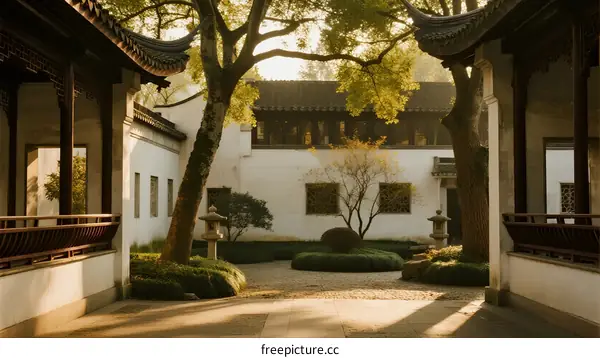 Traditional Chinese Garden Courtyard with Pavilions and Trees