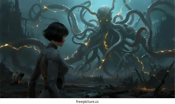 A mysterious tentacled creature towers over a desolate landscape