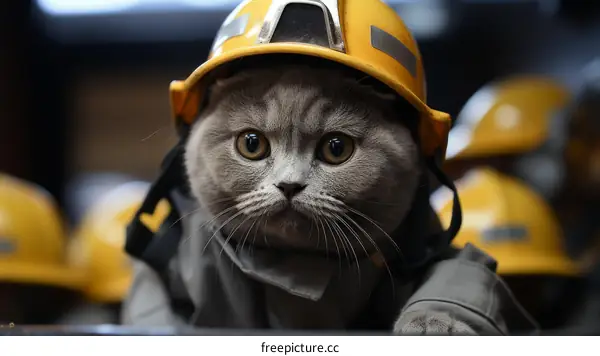 A gray cat wearing a yellow hard hat is sitting in a mine.