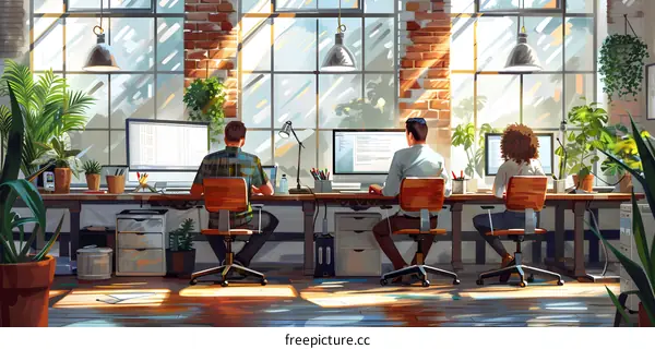 Three people working in an office