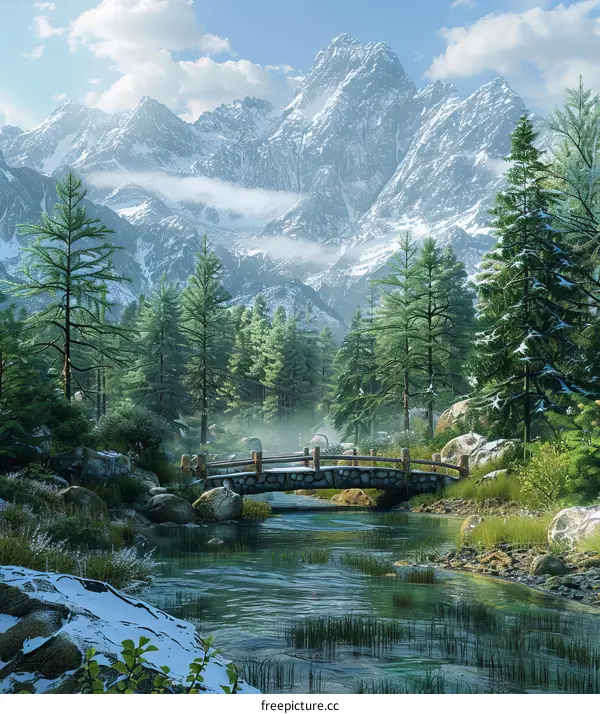 A Beautiful Snowy Mountain Landscape with a Stone Bridge Over the River