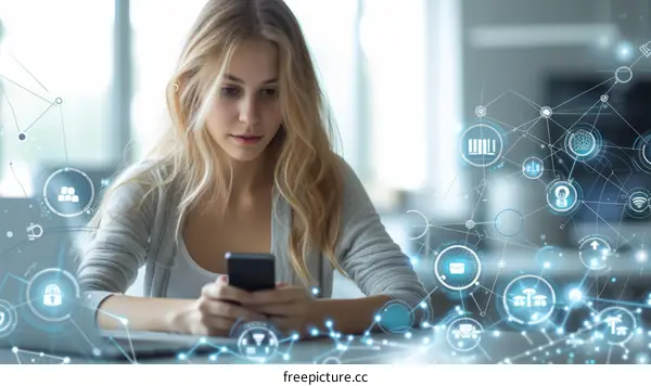 Young blonde woman using smartphone with network icons