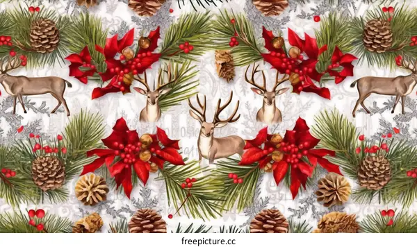 Christmas seamless pattern with deers, pine branches, poinsettias and cones