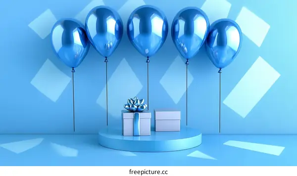 Blue Balloons and Gift Box on a Podium