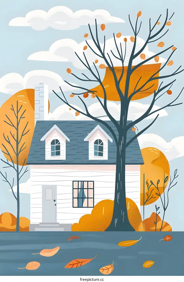 Autumn House with Falling Leaves Illustration