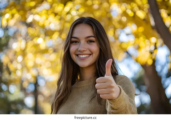 Smiling Young Woman Giving Thumbs Up in Autumn