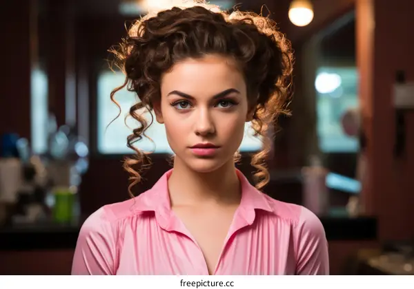 portrait of a beautiful young woman with brown hair and pink shirt
