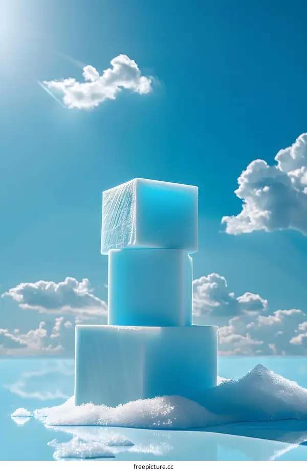 Blue cubes on a snowy surface under a blue sky