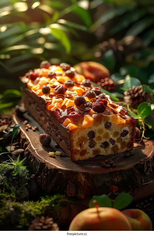 Delectable Cake with Berries and Peaches in Nature's Embrace