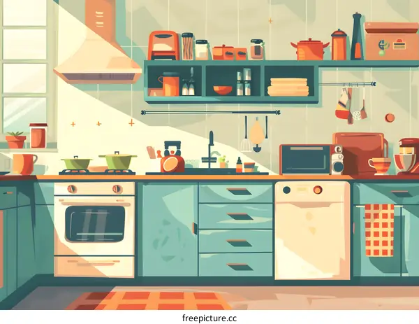 Modern Kitchen Interior Design Illustration With Appliances And Utensils