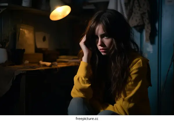Portrait of a young woman with long brown hair sitting in a dimly lit room