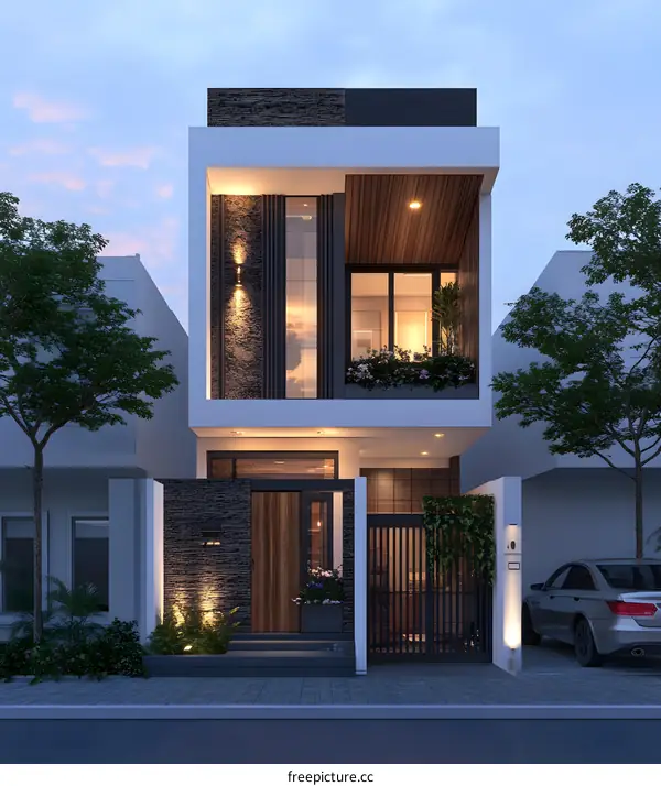Modern Minimalist Two Storey House Design With Wooden Door and Black Gate