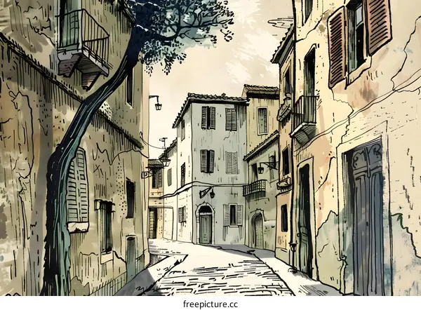 Hand Drawn Illustration Of A Narrow Alleyway In A European City