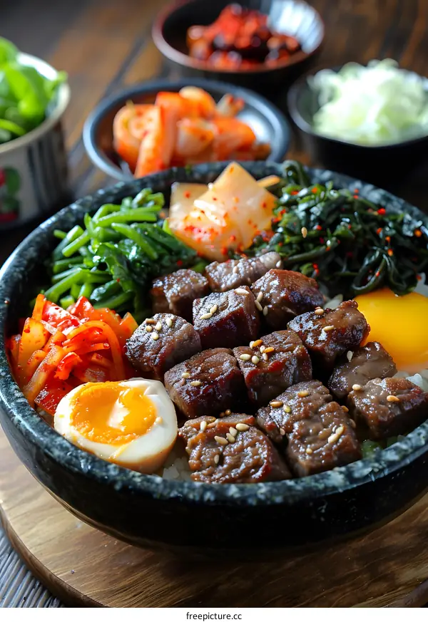 korean beef bulgogi with rice and side dishes