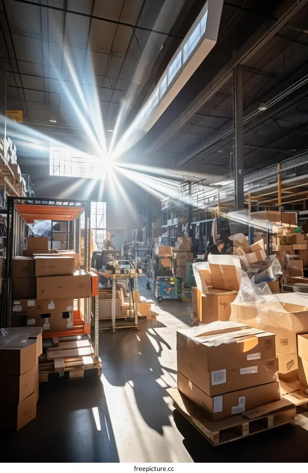 Warehouse with workers and sunlight shining through the windows