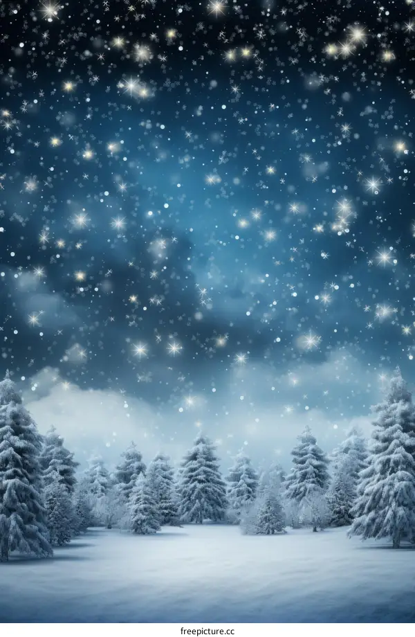 A beautiful winter landscape with snow falling in a forest of pine trees