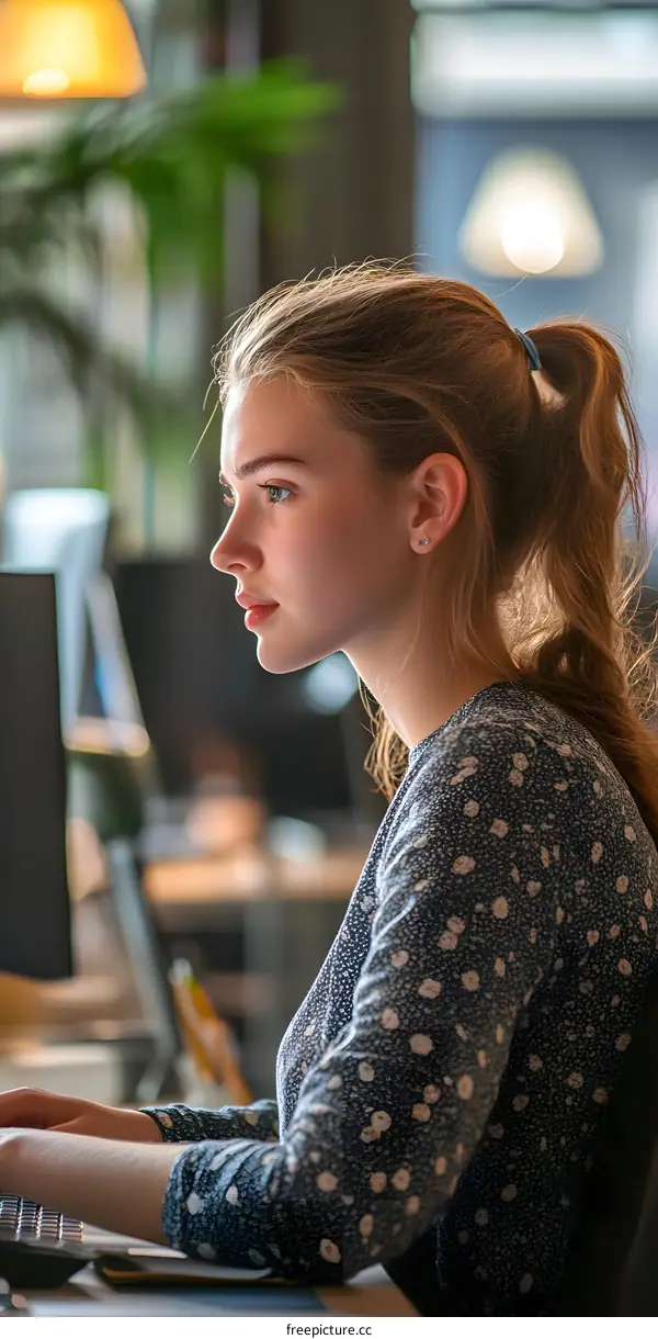 Young Woman Working at a Computer in a Modern Office