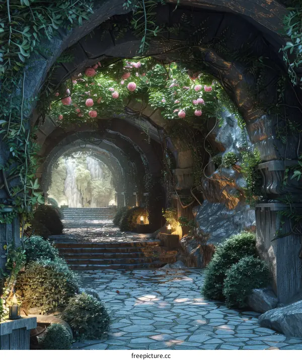 Overgrown Fantasy Archway with Plants and Flowers