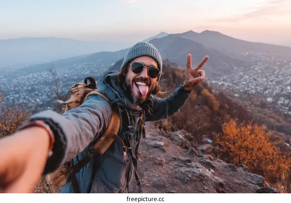 Adventurous Man Taking Selfie on Mountaintop