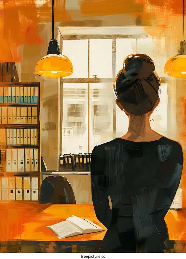 A woman standing in front of a window looking at the city