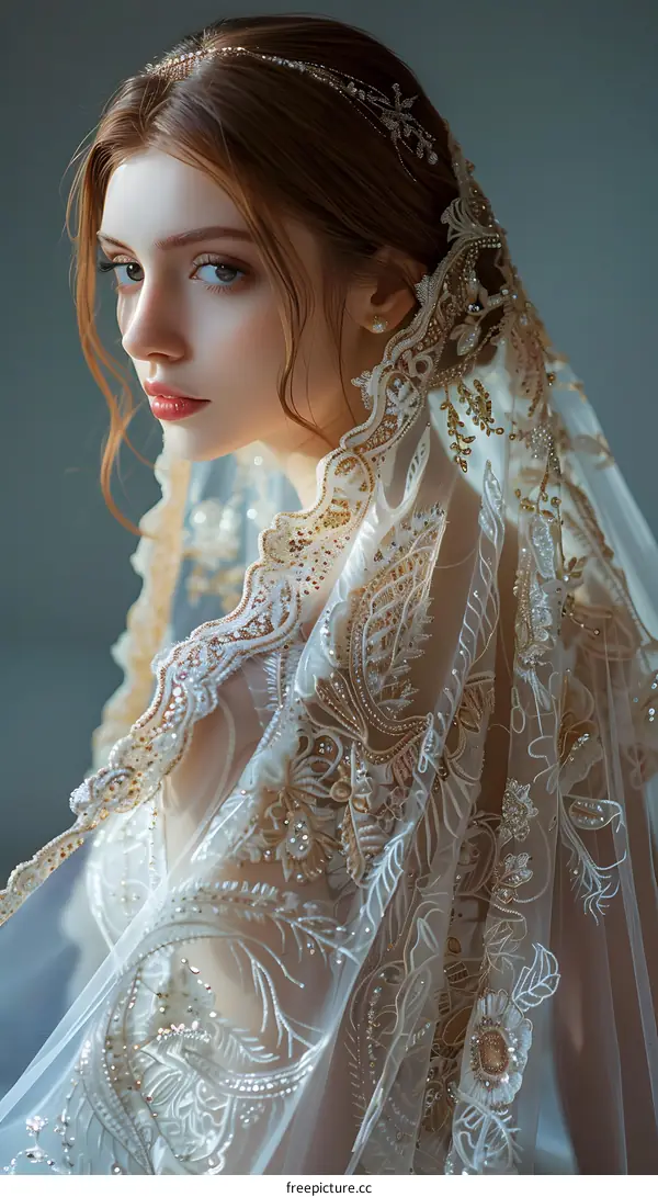 portrait of a beautiful bride with blond hair and blue eyes in a white wedding dress and crown