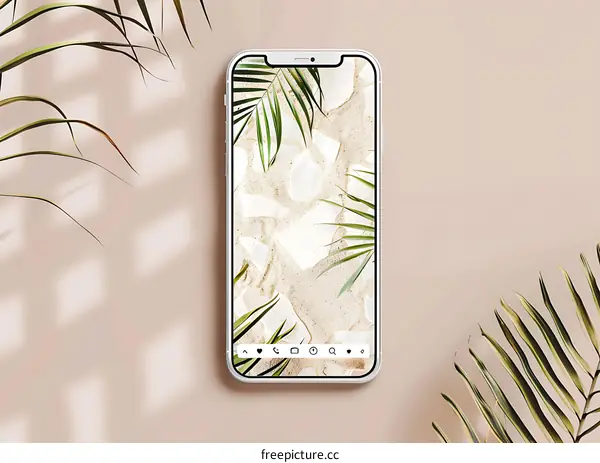 Phone with Beach Theme Wallpaper and Palm Leaves
