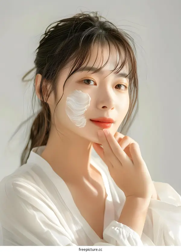 Young Woman Applying Facial Cream in White Shirt