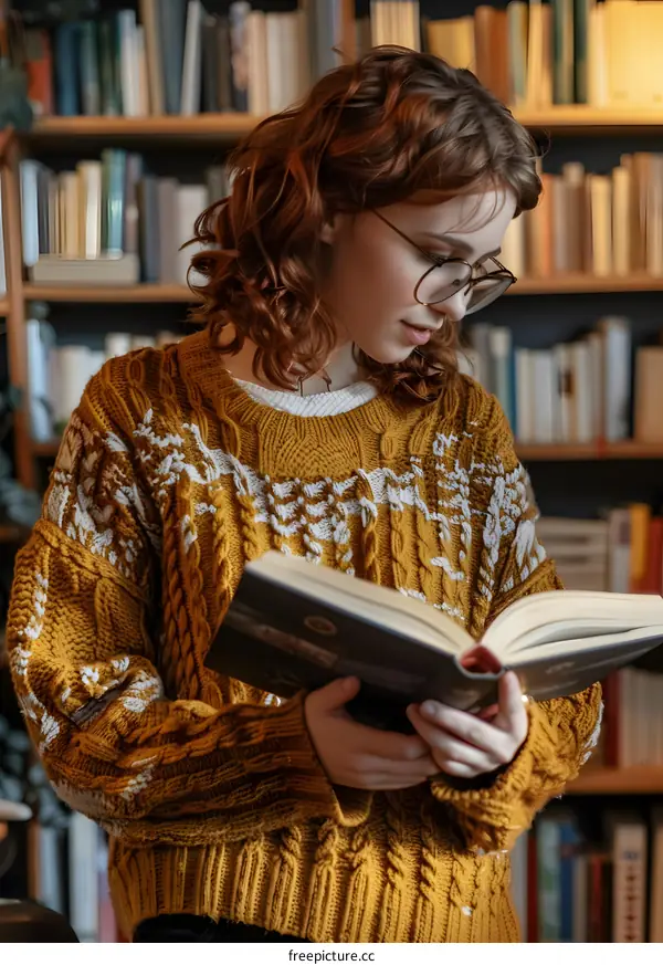Woman Reading Book In Library With Book Shelves In Background