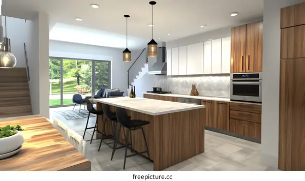 Modern Kitchen Design with Wooden Cabinets and Island