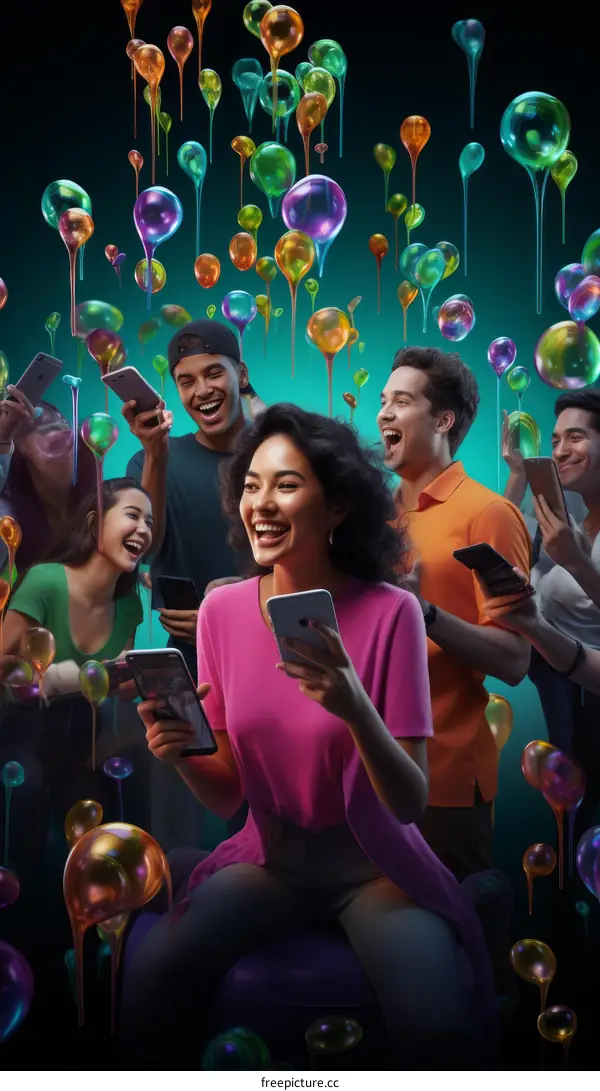 Diverse Group of Young Friends Laughing and Connecting Using Smartphones
