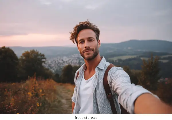 Caucasian Man Taking Selfie in Nature Landscape