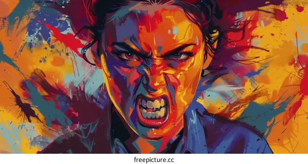 An illustration of a womans face with bright colors and a screaming expression