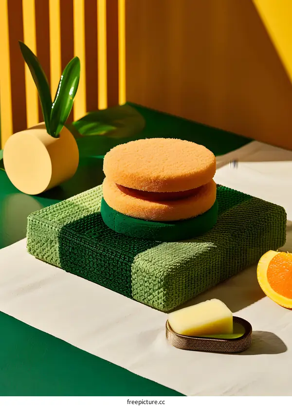 Green and Yellow Minimalist Still Life with Sponge and Bar of Soap