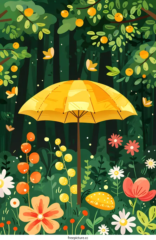 Yellow Umbrella in a Flowery Forest