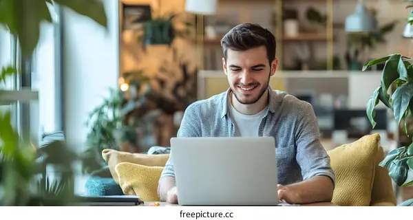 Smiling Man Working on Laptop in a Cozy Modern Office