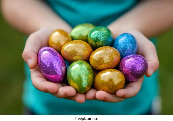 Childrens Hands Holding Colorful Easter Eggs