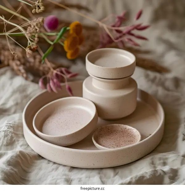 Ceramic Tray Set With Dried Flowers