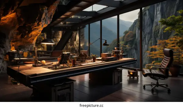 futuristic home office with expansive mountain views