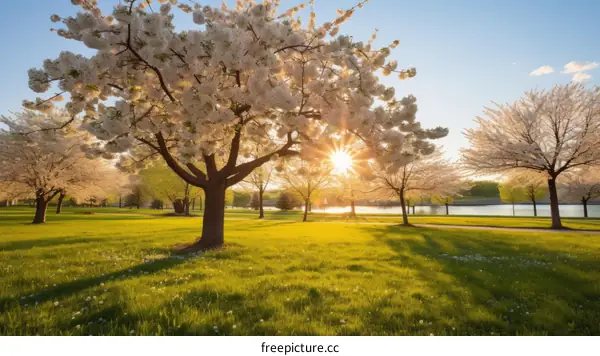 The sun shines through the cherry blossoms in the park