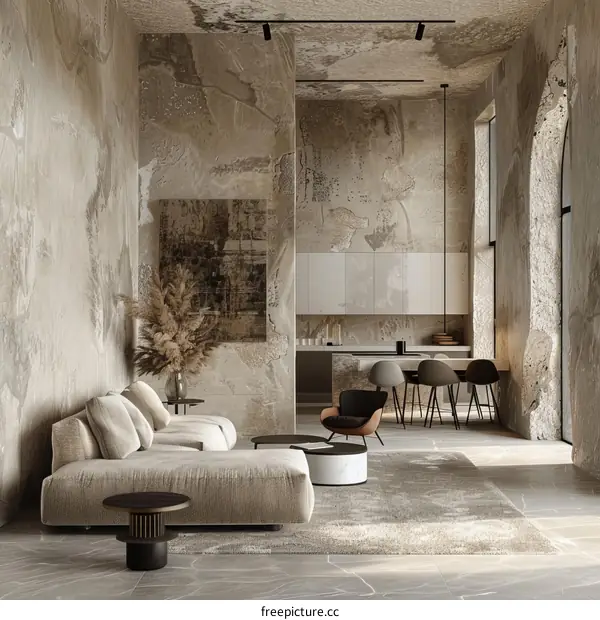 Modern Living Room With Beige Sofa and Marble Walls