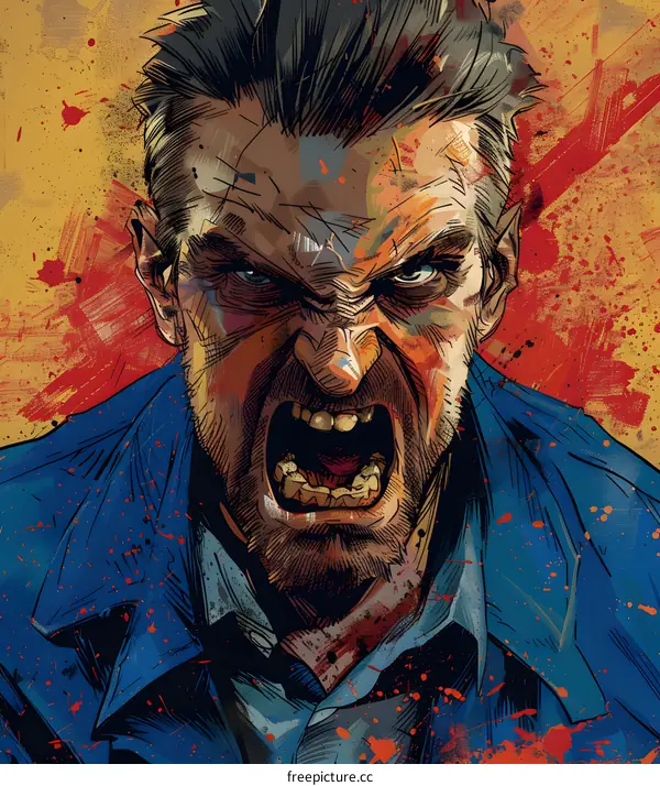 A man with a beard is yelling with his mouth open wide.