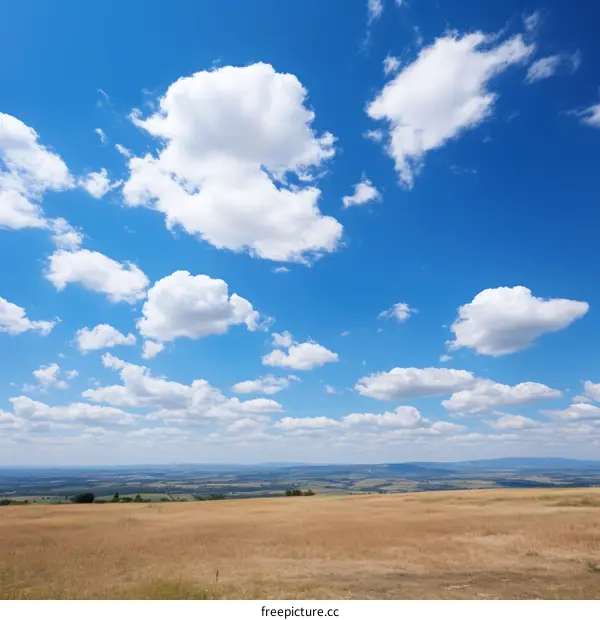 Blue Sky and Fluffy White Clouds Over a Vast Grassy Plain